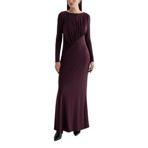 Express Long Sleeve Maxi Dress Womens XS Burgundy Ruched Top Boat Neckline